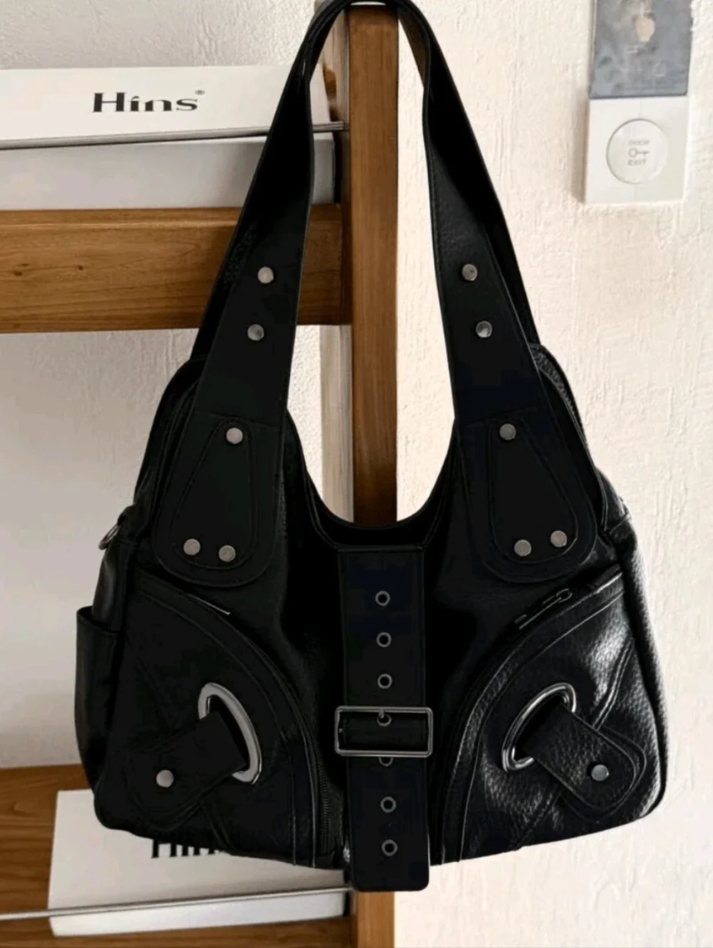 Black Textured Leather Shoulder Bag